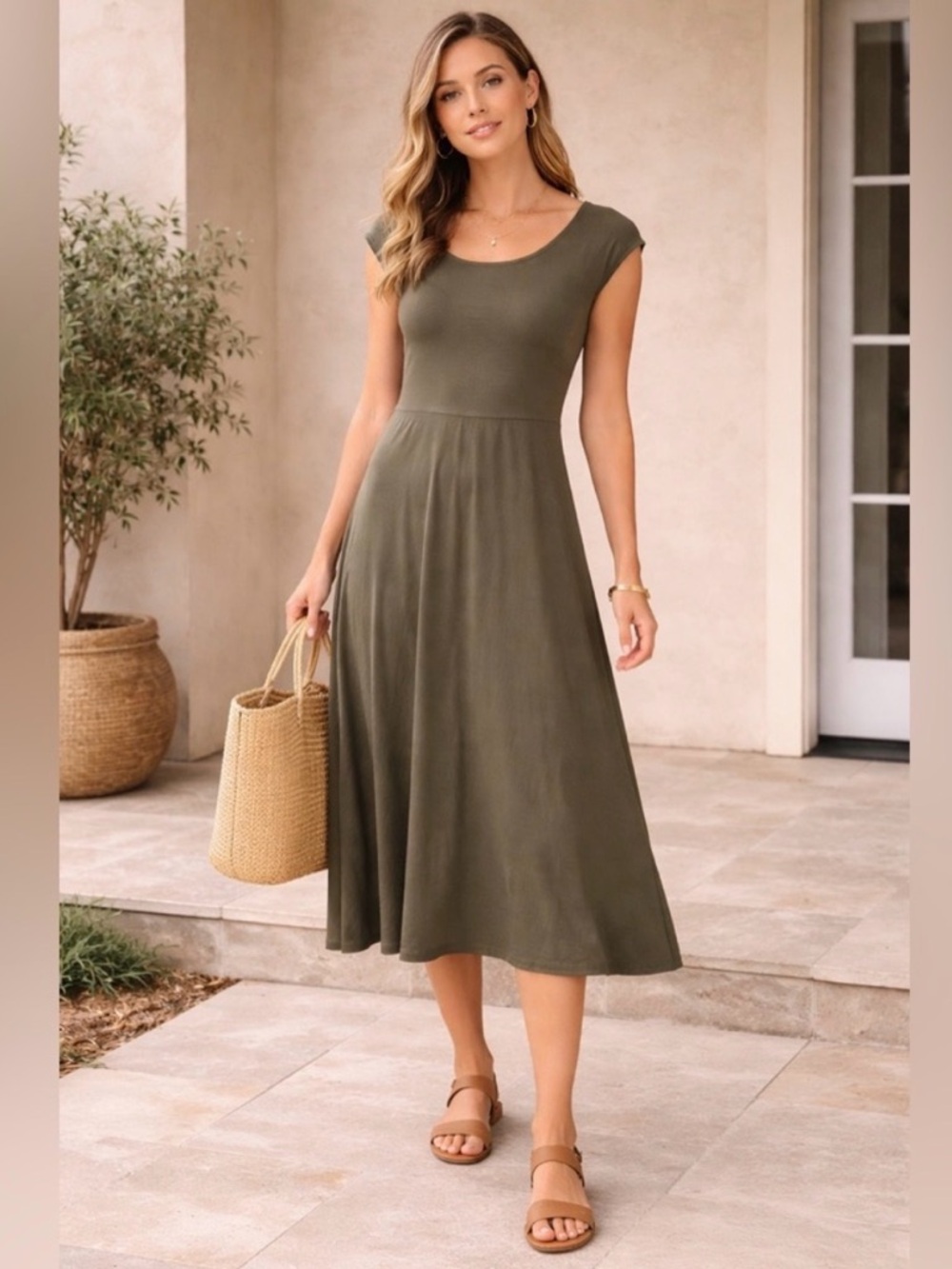 Banana Republic Olive Green Cap Sleeve Midi Dress